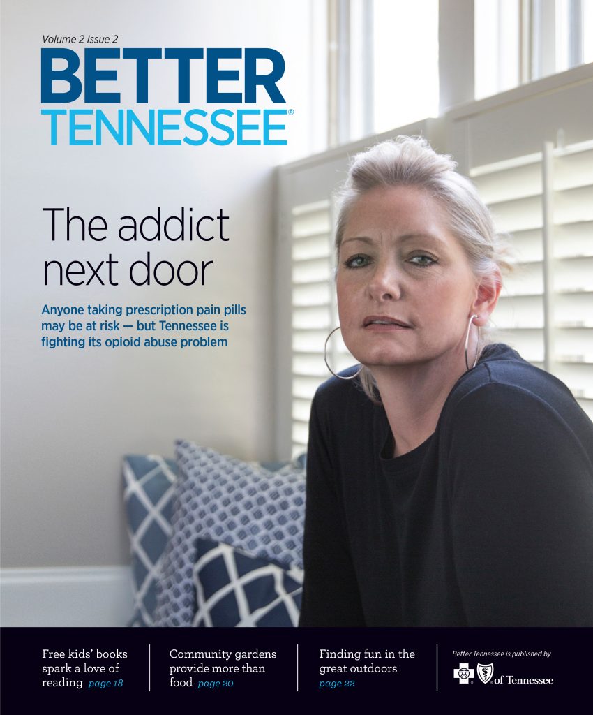 cover of Better Tennessee magazine, featuring photo of woman sitting in front of blinds for the story "the addict next door"