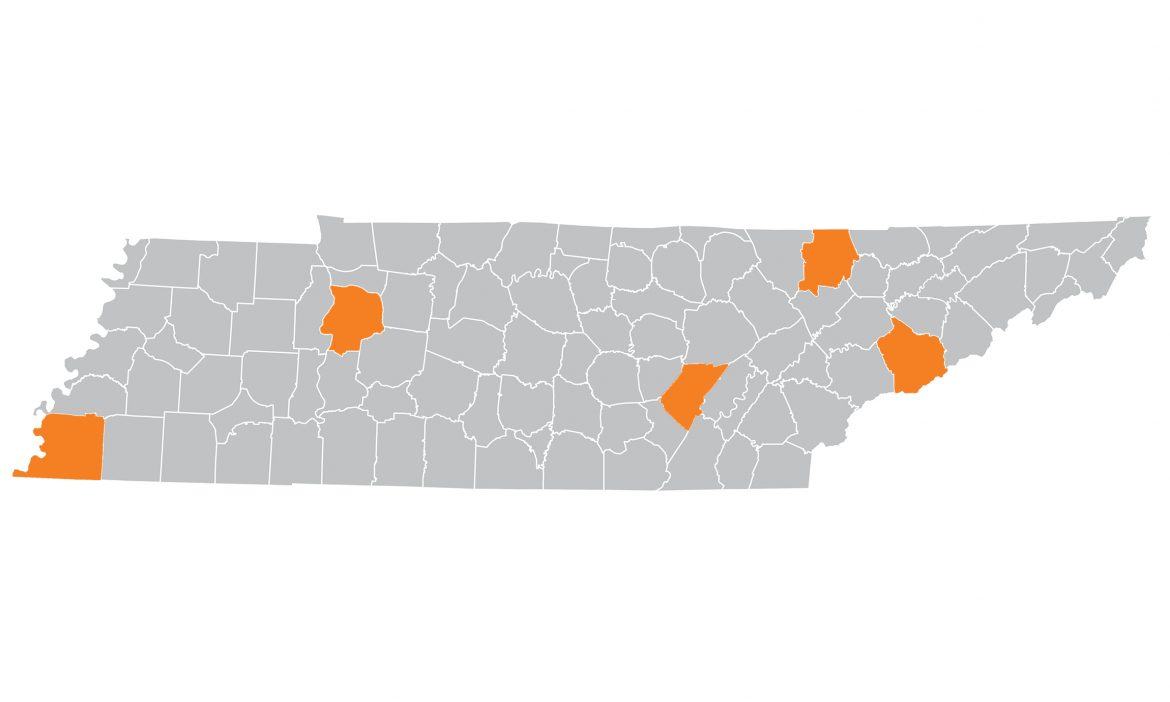 5 tennessee counties highlighted on map